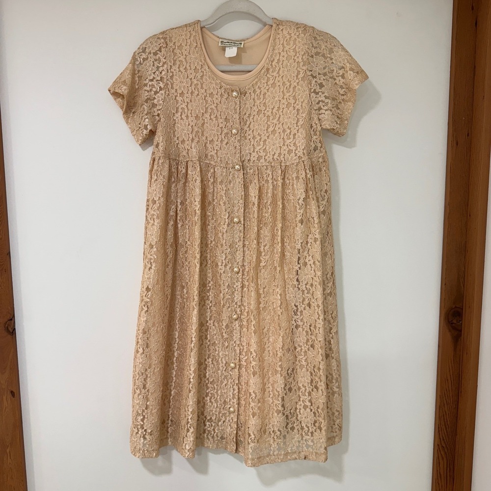 Elena Collection Lace Button Front Dress Kids 9-10 Beige Pearl Detail | Coquette
